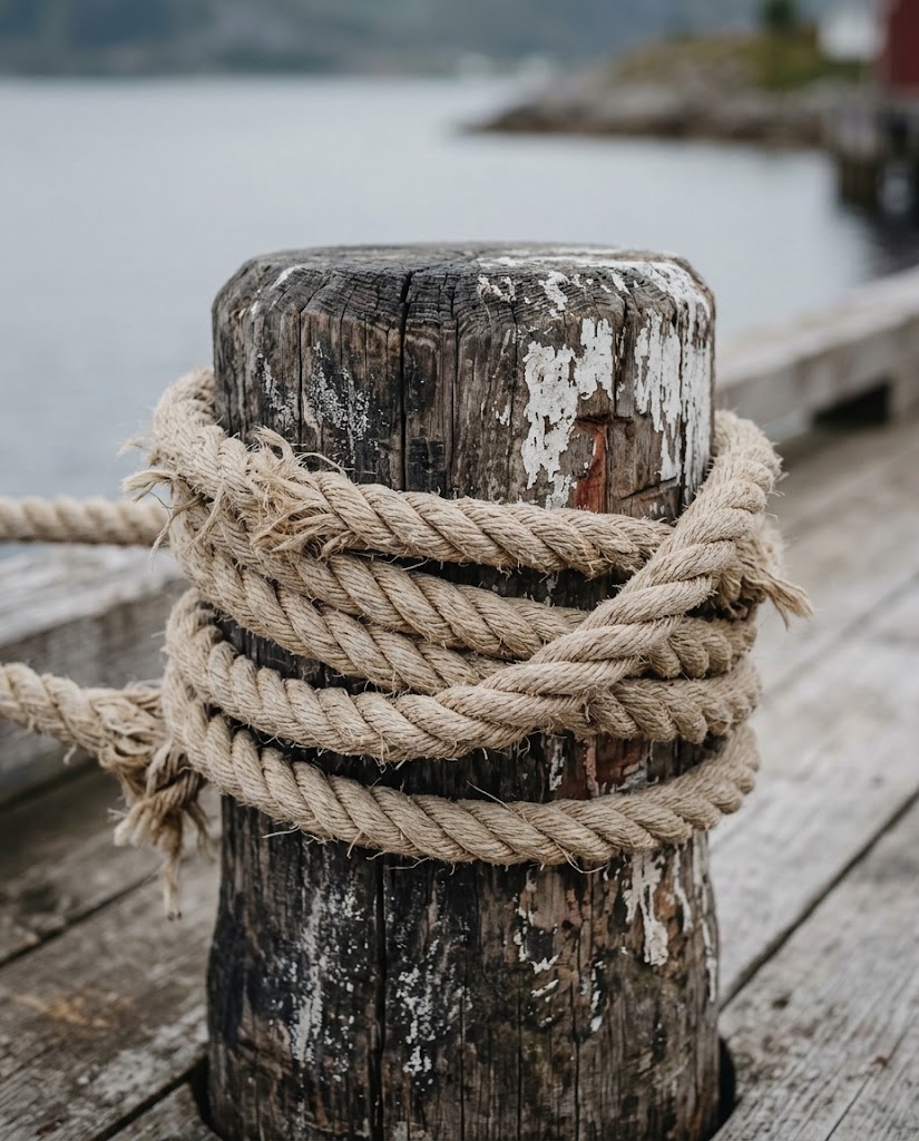Artist's impression of a thick hemp rope wound around a weathered mooring post on the quay