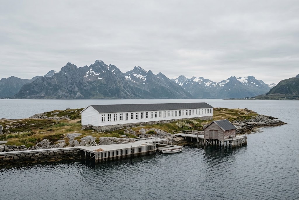 Artist's impression of the planned resort seen from the water: the long white building along the shore, a boathouse on piles and sharp peaks beyond the fjord