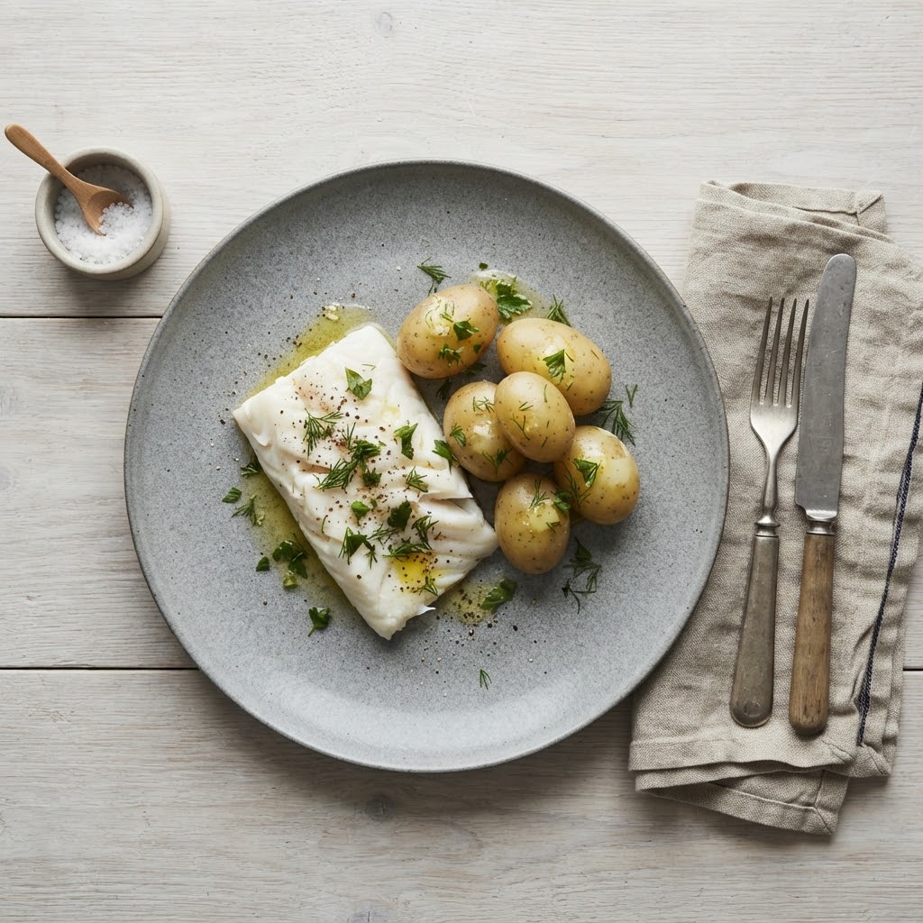 Artist's impression of a planned dish: white cod with new potatoes, butter and dill on a stoneware plate