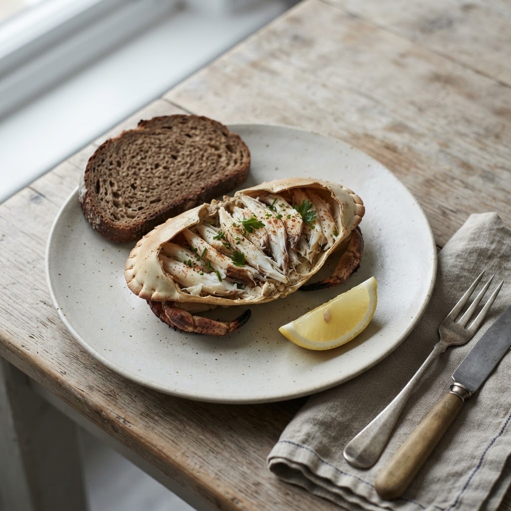 Artist's impression of a planned dish: crab served in its shell with dark rye bread
