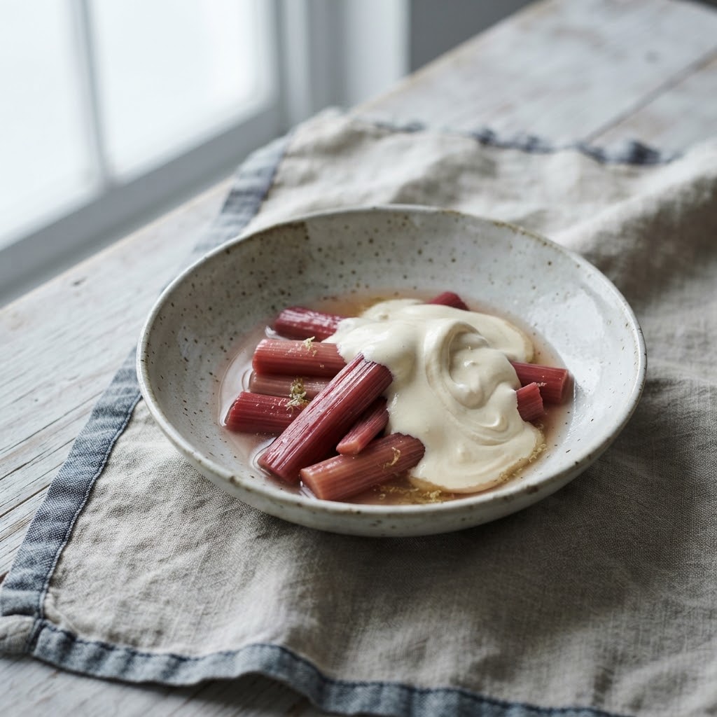 Artist's impression of a planned dessert: poached rhubarb with cream in a stoneware bowl