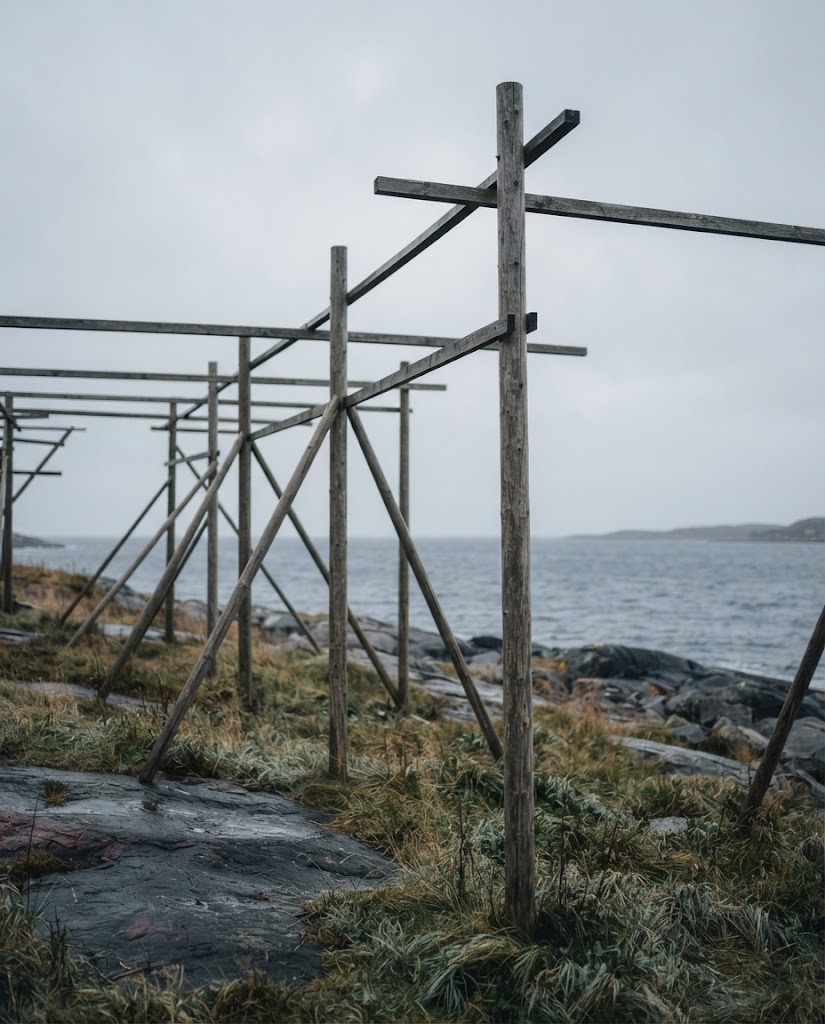 Artist's impression of wooden fish-drying racks on the rocks by the sea under a grey sky