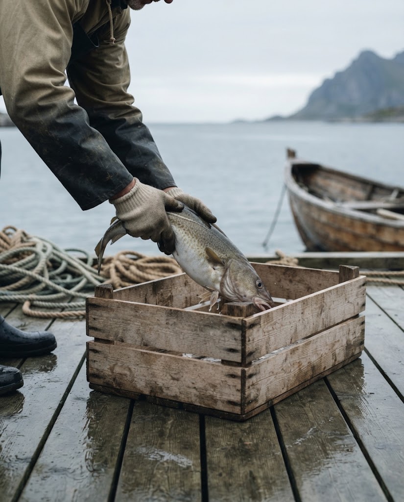 Artist's impression of a fisherman's gloved hands lifting a cod into a wooden crate on a wet quay, a rowing boat and grey water behind