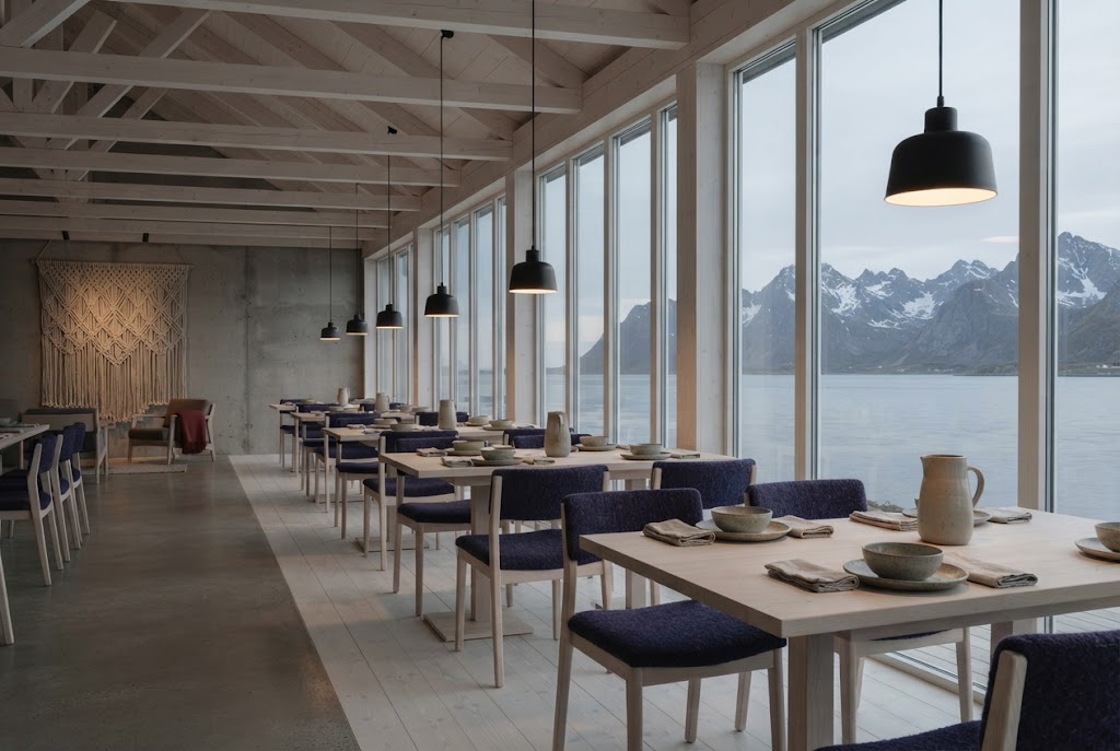 Artist's impression of the planned restaurant: pale wooden tables along a wall of tall windows, low black lamps and snow-capped peaks across the water