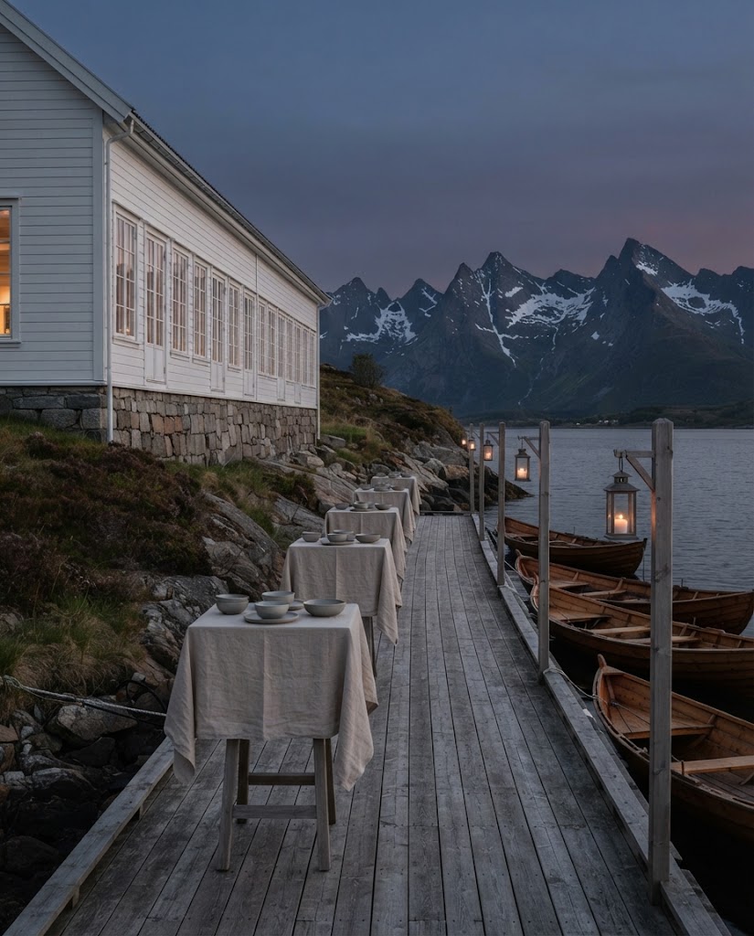 Artist's impression of a reception set out along a wooden quay at dusk, linen-covered tables, lanterns and rowing boats beside the long white building