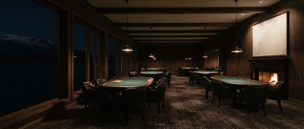 Artist's impression of the planned hotel casino lounge, with dark wood panelling, green baize tables under low lamps and windows onto the night, empty of people