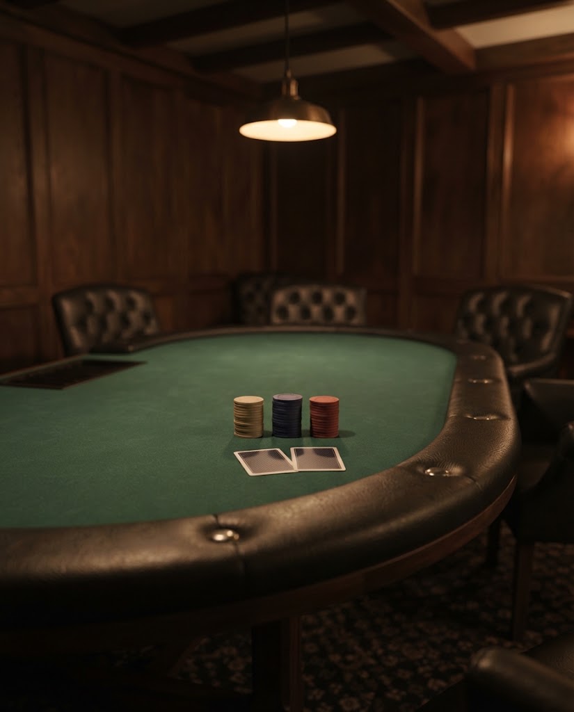 Artist's impression of the planned poker room: an empty green baize table with stacked chips under a low lamp