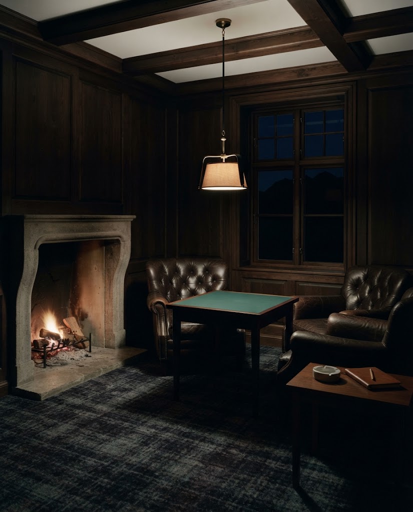 Artist's impression of a private salon with a stone fireplace, leather armchairs and a single card table