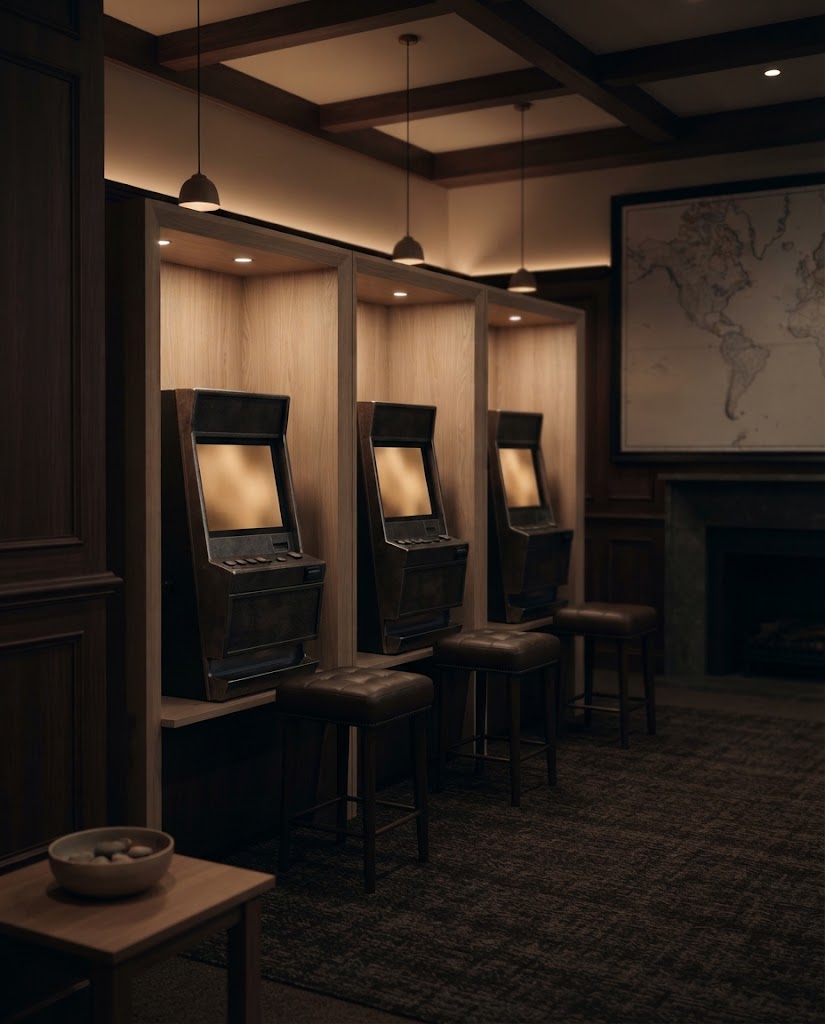 Artist's impression of restrained gaming machines in timber alcoves, their screens a soft abstract glow