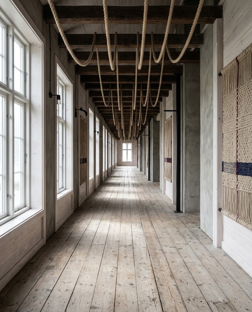 Artist's impression of the ropewalk interior: a long wooden floor, a row of tall windows on one side and ropes slung beneath the beams