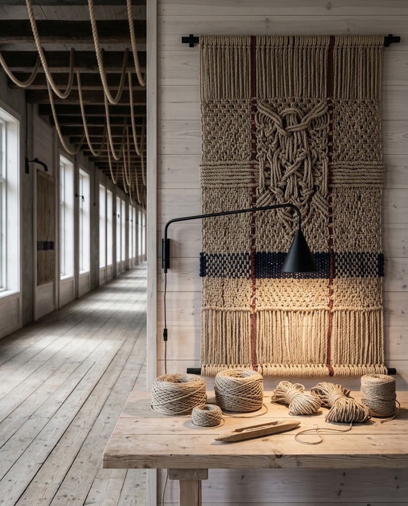 Artist's impression of the knot room: woven wall panels, a loom and coils of hemp twine along a pale wooden workbench