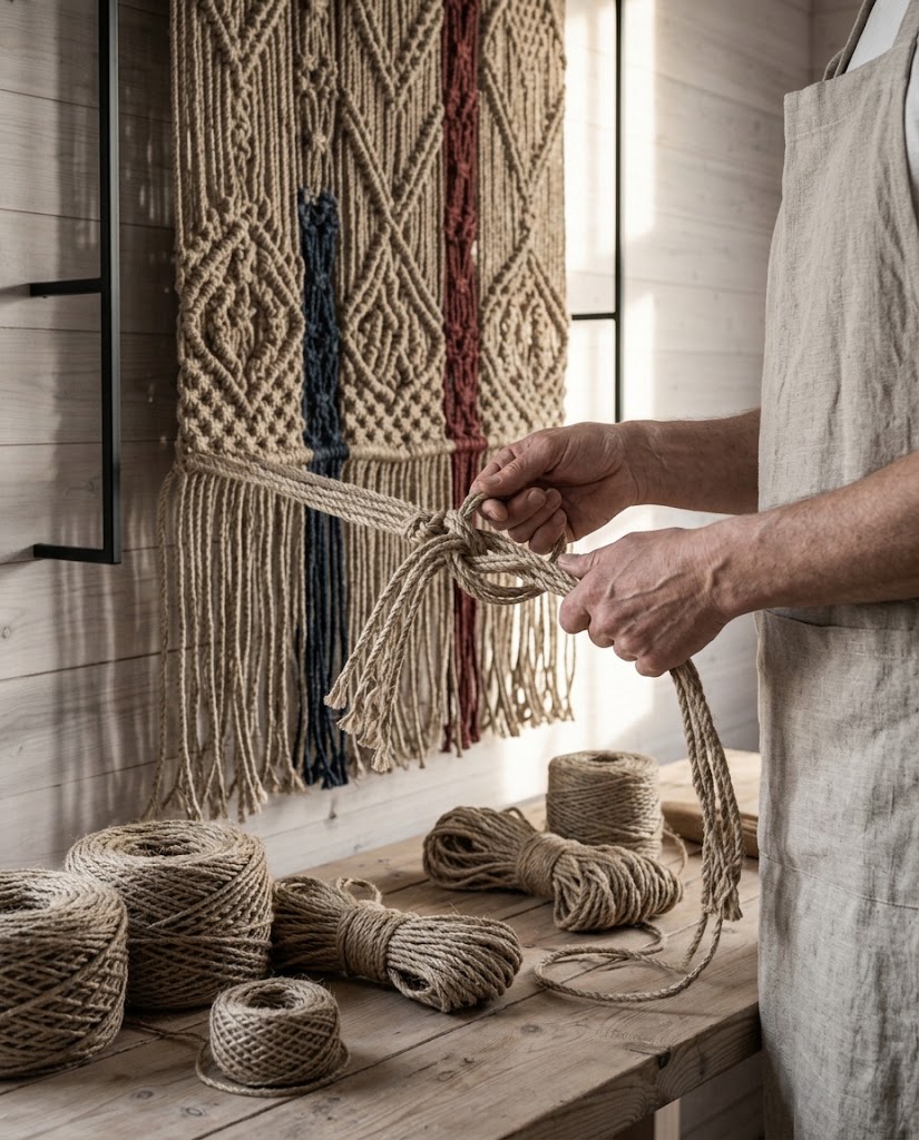 Artist's impression of a maker's hands tying a knot in thick hemp cord beside a woven panel, face out of frame