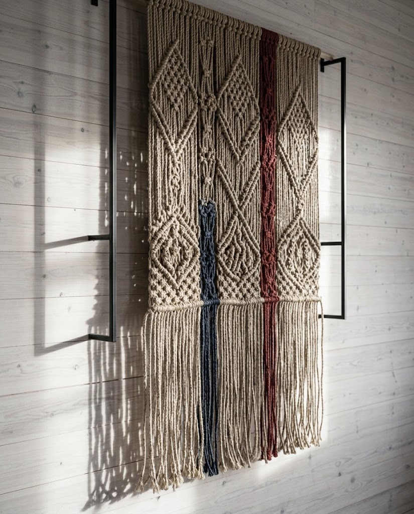 Artist's impression of a large knotted panel in hemp, indigo and madder hanging on a whitewashed wall, its shadow cast by the window light