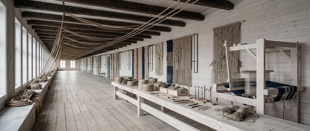 Artist's impression of the knot room: a long whitewashed workshop with woven panels on the wall, a loom, coils of twine on the benches and ropes slung under the beams