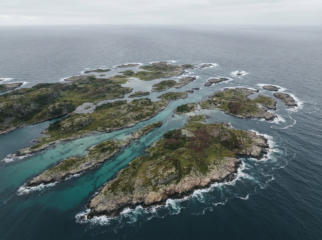 Artist's impression of low green islands and narrow turquoise sounds seen from above, surf along the rocks