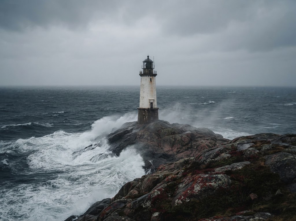 Artist's impression of a white lighthouse on a rocky skerry with heavy waves breaking under a grey sky
