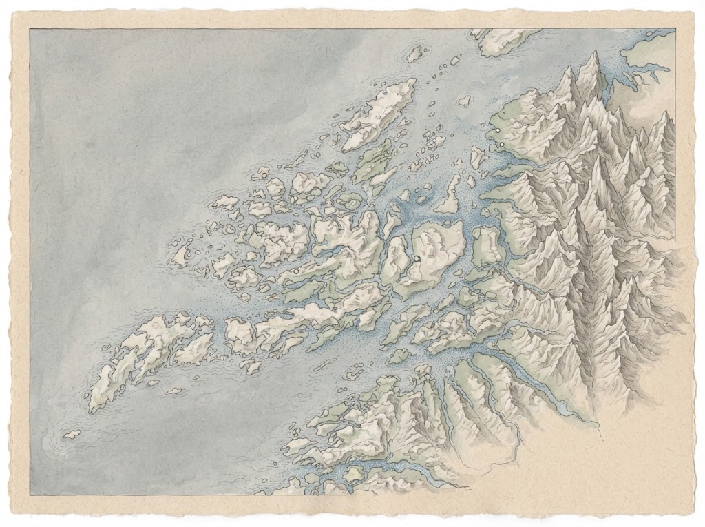 Artist's impression of an illustrated map of the islands and fjords of Sunnmøre, with the open sea to the west and mountains to the east