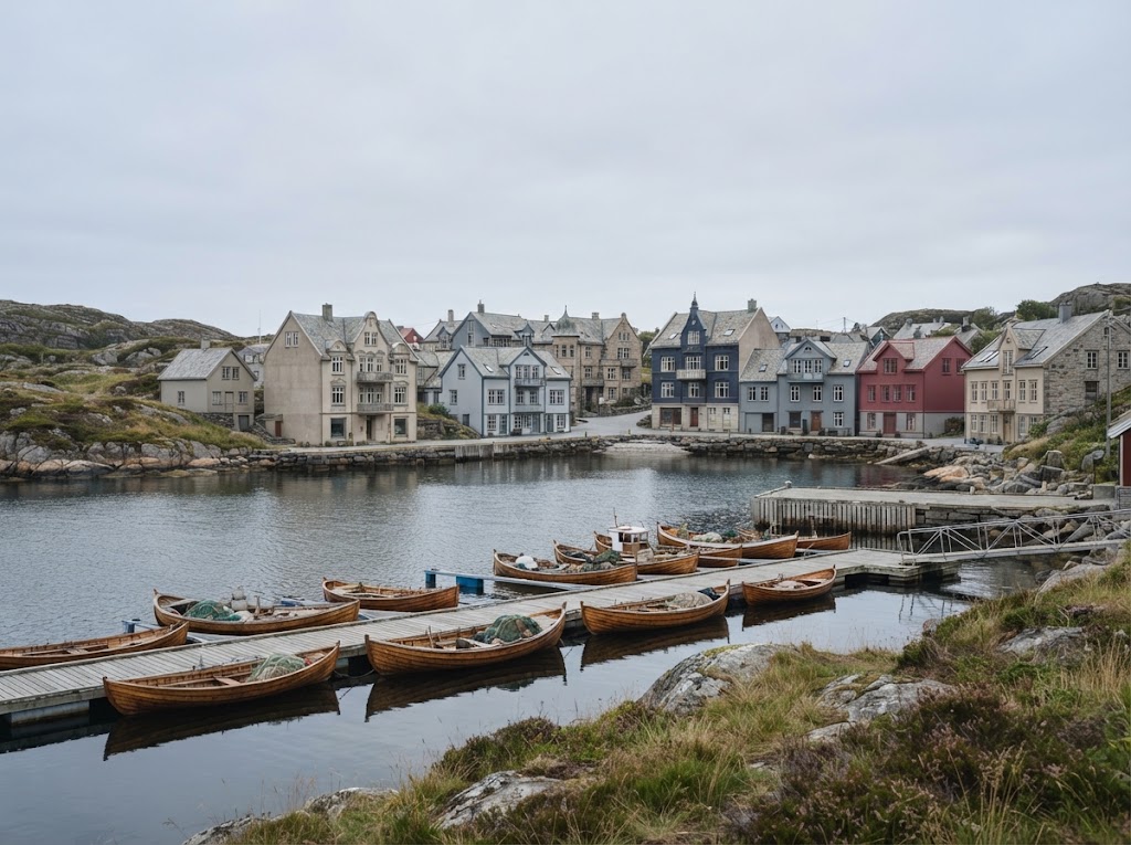 Artist's impression of a small coastal town with stone and timber facades around a harbour, wooden rowing boats moored at a pontoon