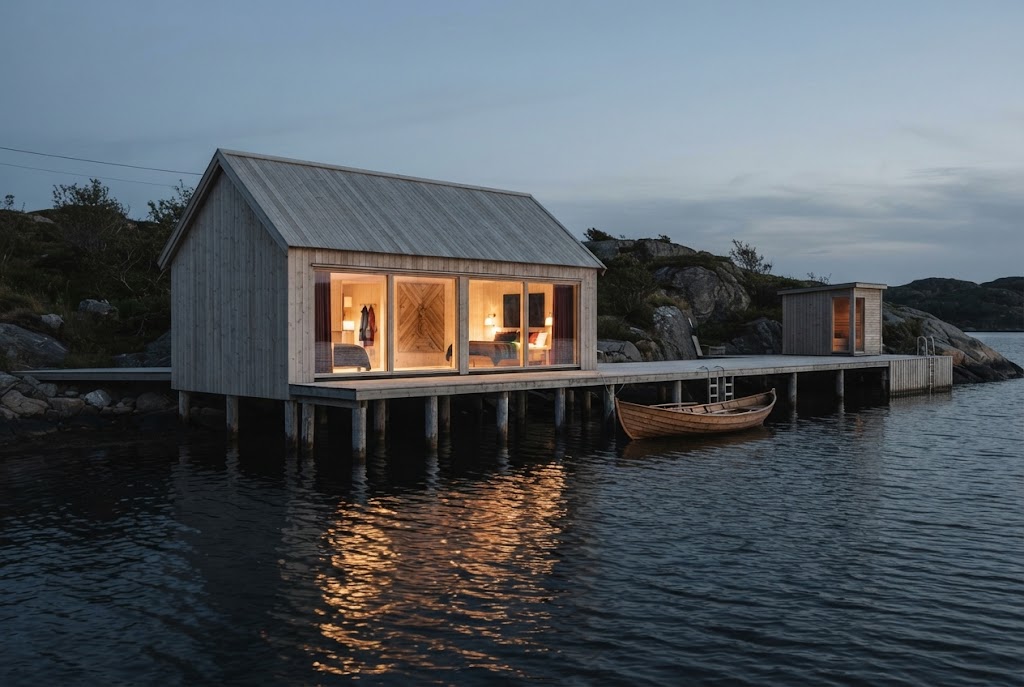 Artist's impression of the planned Boathouse Suite: a boathouse on piles over the water at dusk, a wooden boat moored alongside