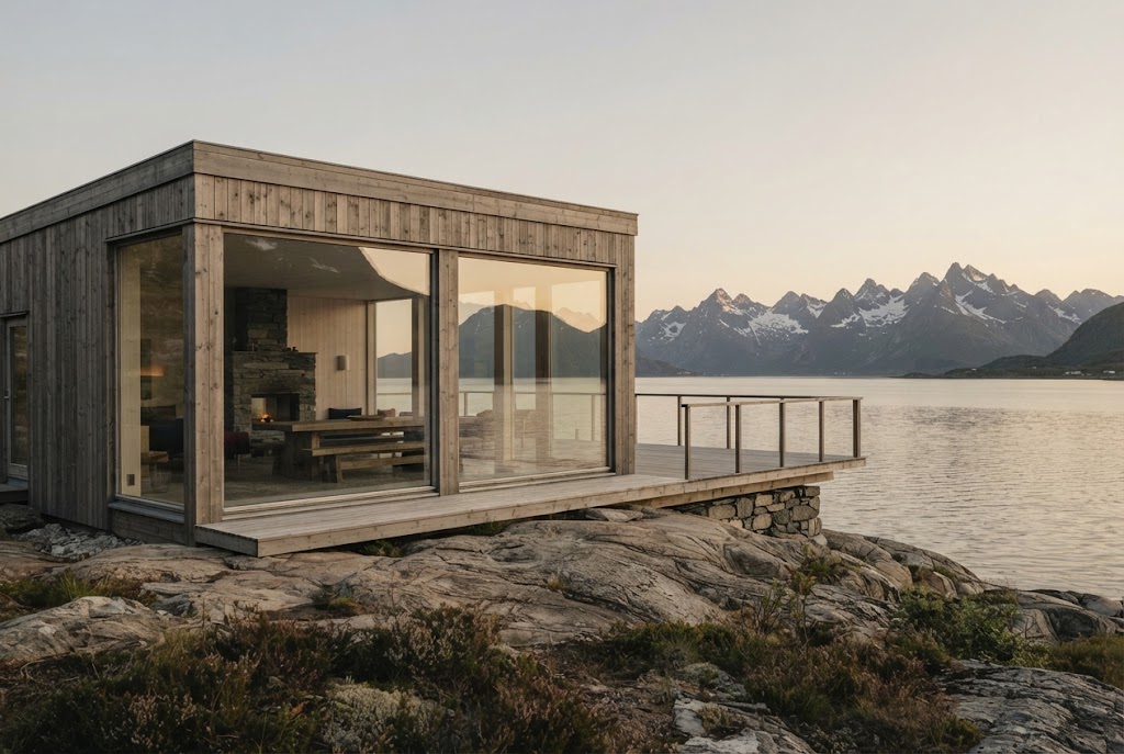 Artist's impression of the planned Island House: a timber house with full-height glass on the rocks above the sea, peaks on the horizon