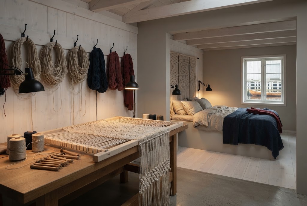 Artist's impression of the planned Knot Suite: a worktable with coils of twine and a panel frame, the bed beyond