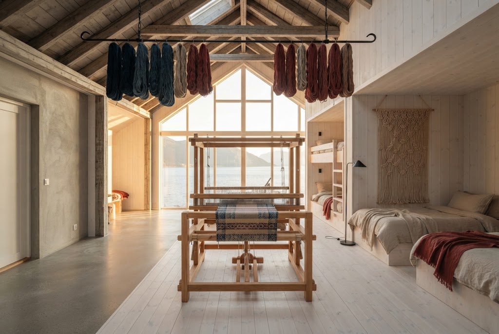 Artist's impression of the planned Loom Loft: a floor loom under the roof timbers, skeins of wool above it and beds beyond