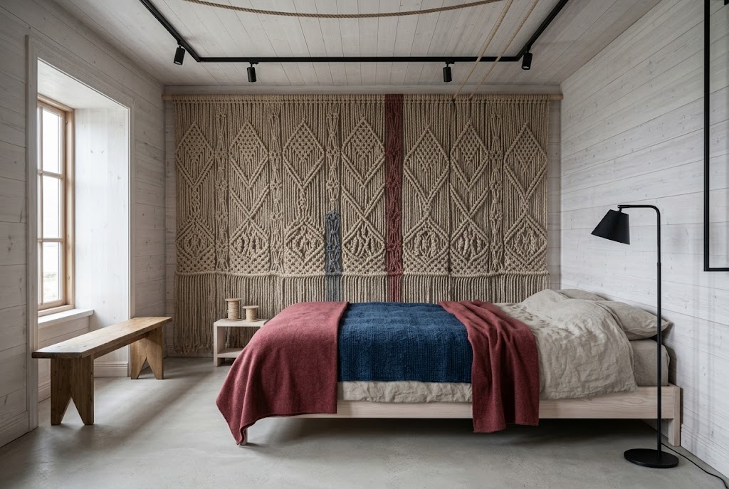 Artist's impression of the planned Net Room: a bed in front of a knotted panel that covers the whole wall