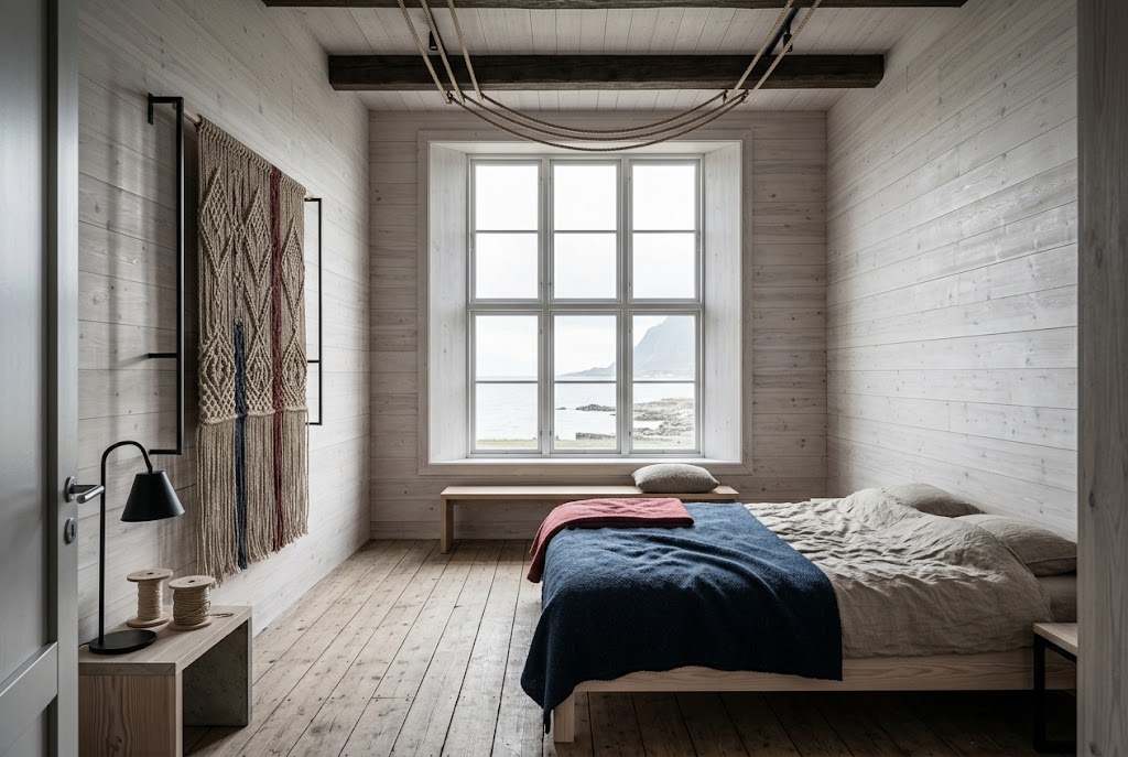 Artist's impression of the planned Window Room: a bed with an indigo blanket facing a tall window onto the sound, knotted panels on the wall
