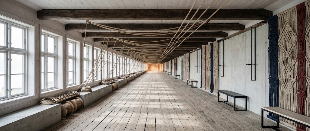 Artist's impression of the endless perspective of the ropewalk: a wide plank floor, tall windows along one side and ropes running beneath the beams