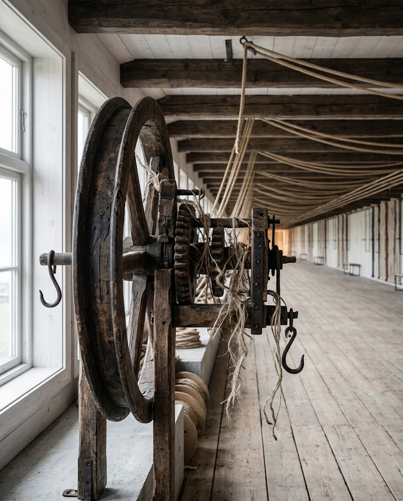 Artist's impression of an old wooden rope-making wheel in the long hall, with strands of hemp fibre