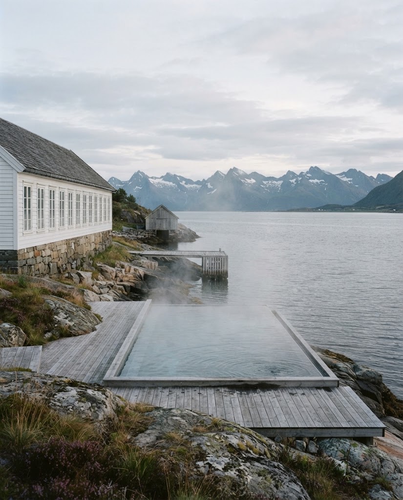 Artist's impression of a heated outdoor pool on a timber deck above the sea, steam rising and snow-capped peaks across the water