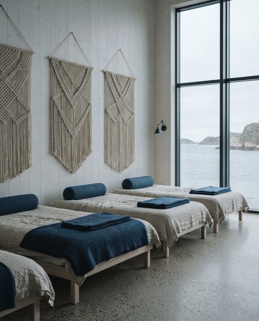Artist's impression of a quiet rest room with low beds, indigo wool blankets, knotted wall panels and tall windows onto the sea