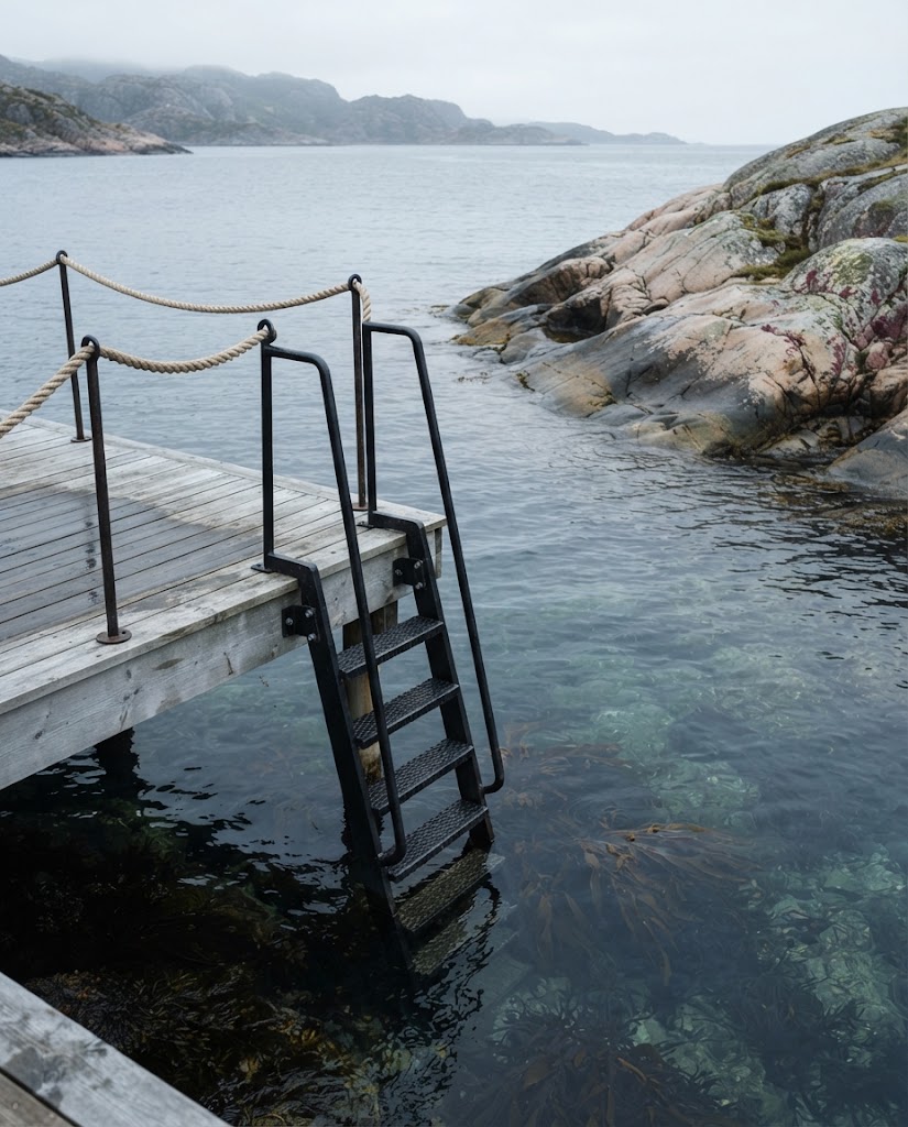 Artist's impression of a black steel ladder leading from a wooden quay into clear, cold sea water, with a rope handrail